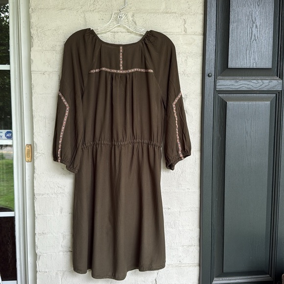 Anthropologie Edme and Esyllte Olive Peasant Boho Dress W Ribbon Trim Medium - Picture 7 of 12